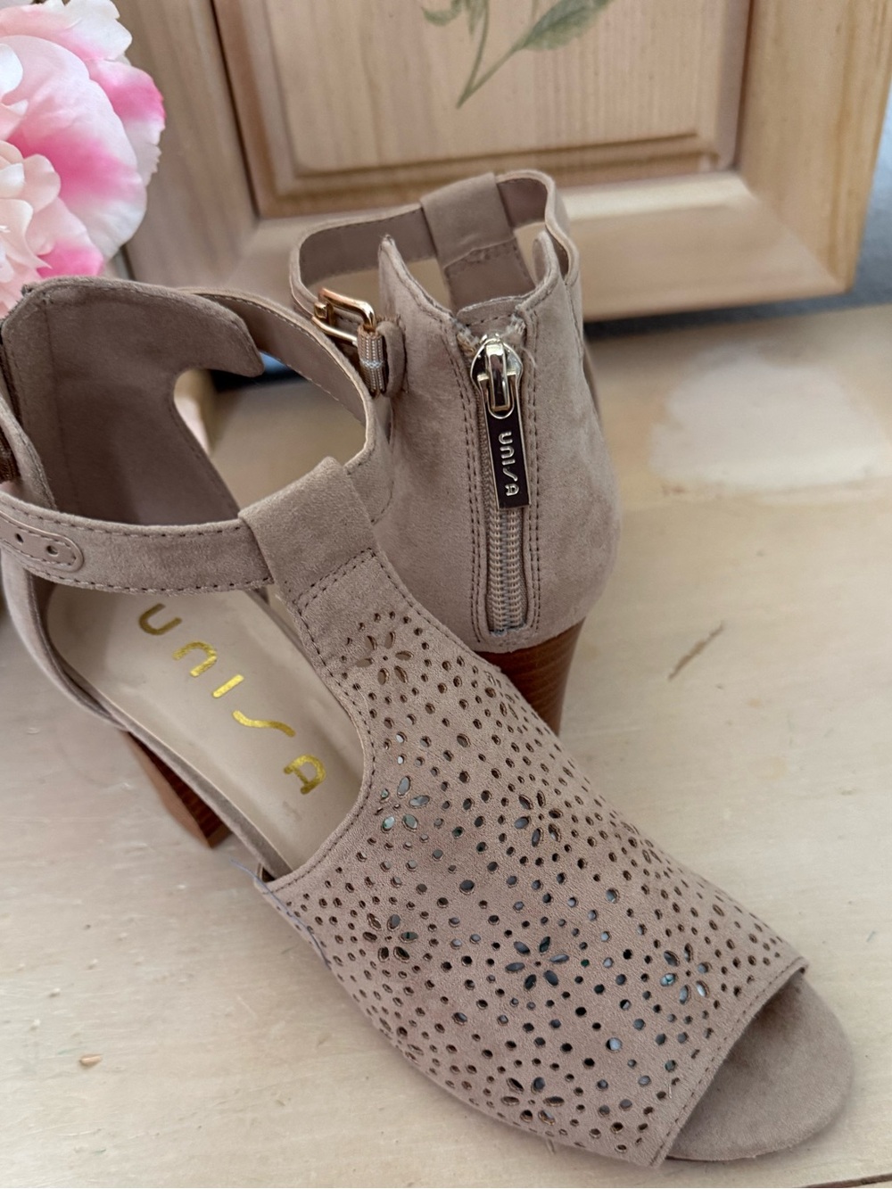 Unisa Taupe Perforated Suede Heeled Sandals (new)